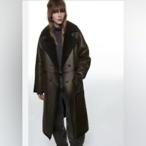 Zara Dark Brown Leather Shearling-Trim Long Coat